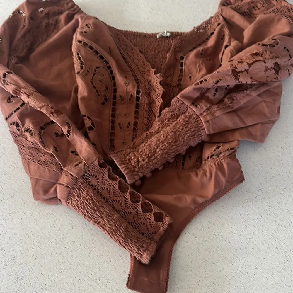 NWOT Free People Regina Bodysuit Top Thong Eyelet Balloon Sleeves Smocked Retro